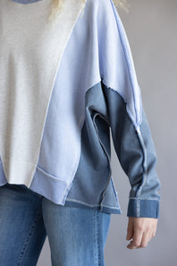 Mineral Wash Color Block Pullover for Women in Blue Combo 
