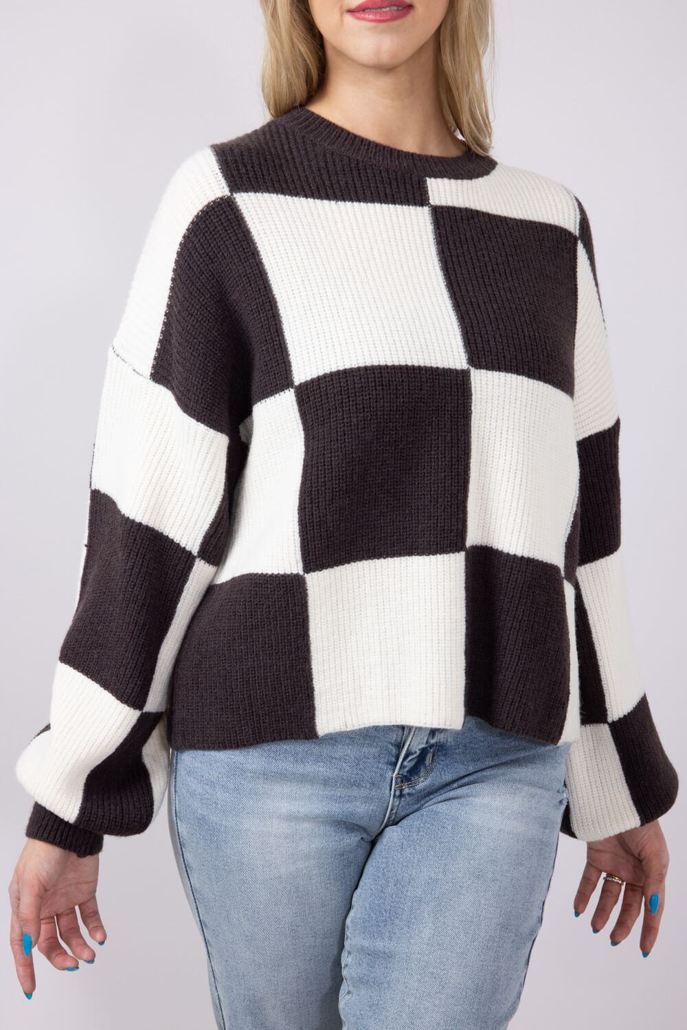 Checker Sweater for Women in Charcoal Brown | MSW1413-CHCBRN