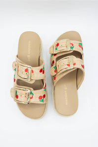 Madden Girl Mythical 2 Band Cherries Platform Sandals for Women in Sand
