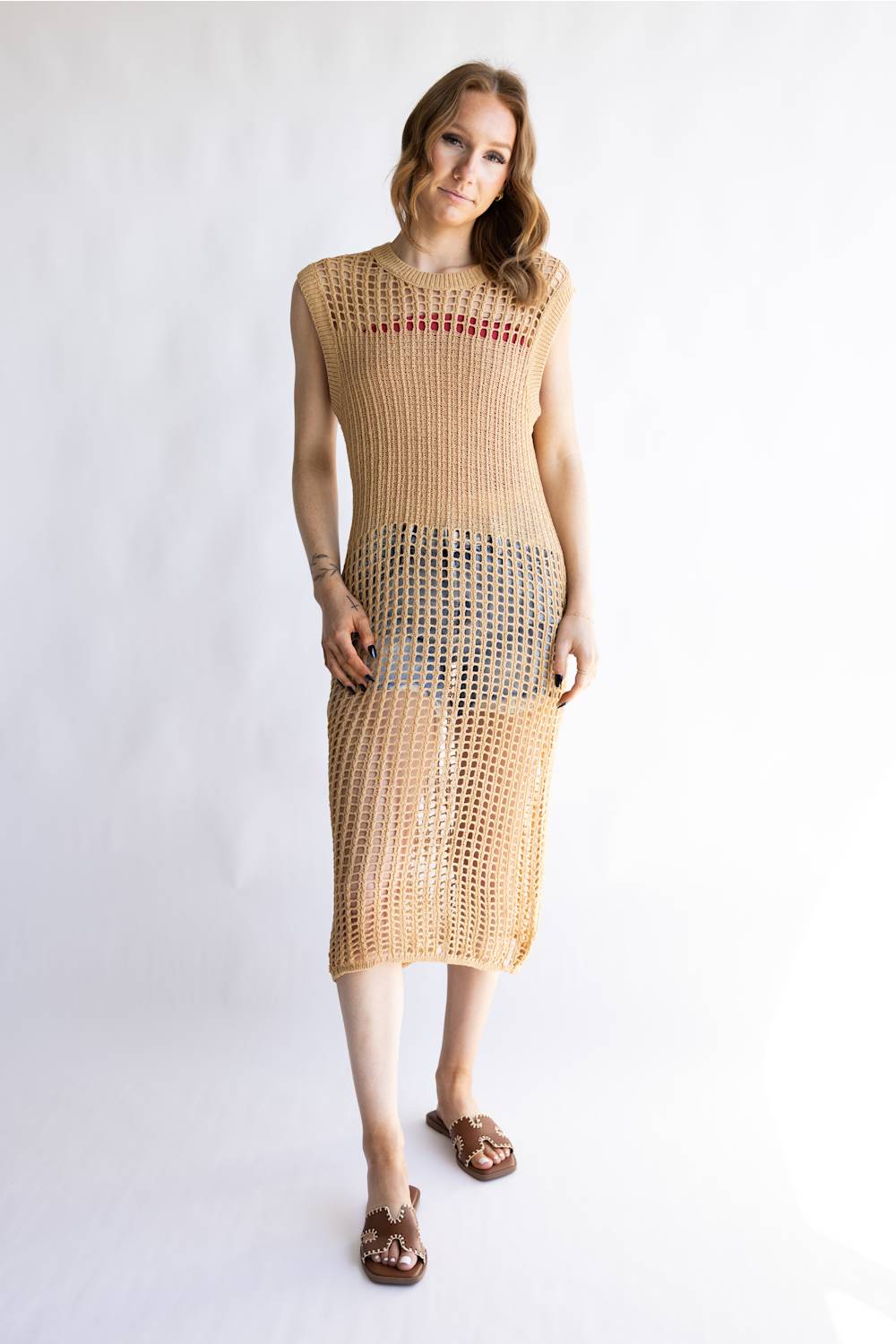 Mesh Longline Tunic Cover-Up for Women in Camel