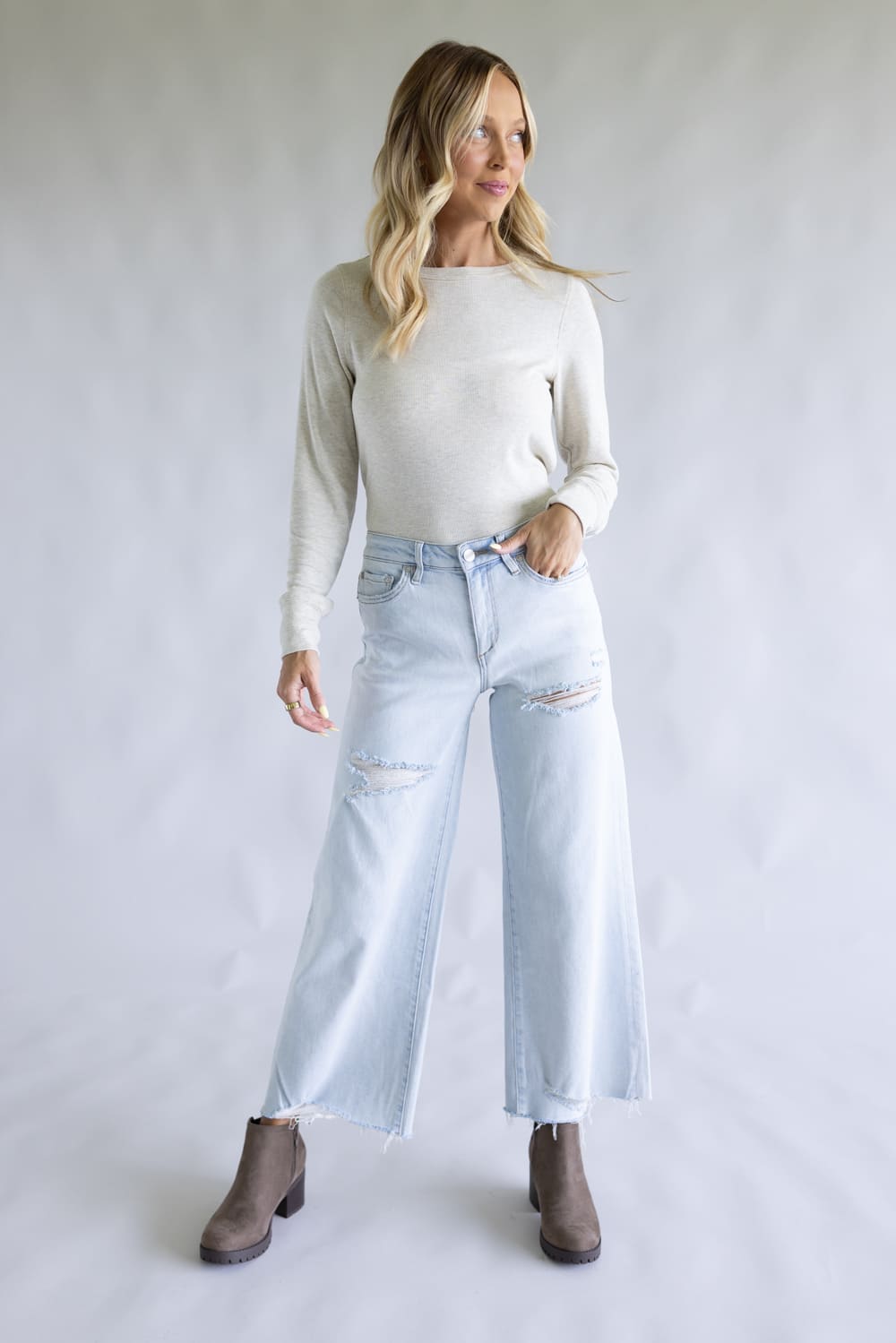 Mica High Rise Light Wash Wide Leg Fray Hem Jeans for Women