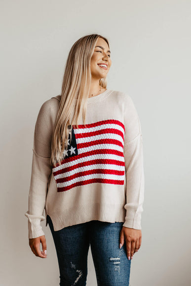 Miracle Clothing Knit American Flag Sweater for Women in Beige