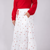 Mustard Seed Cherry Embroidered Tiered Midi Skirt for Women in White