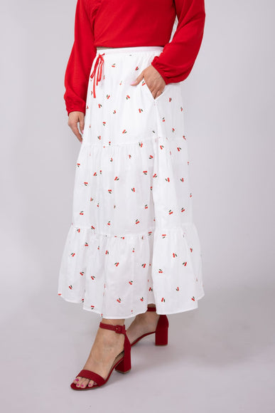 Mustard Seed Cherry Embroidered Tiered Midi Skirt for Women in White