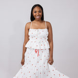 Cherry Embroidered Ruching Tie Front Cami Top for Women in White