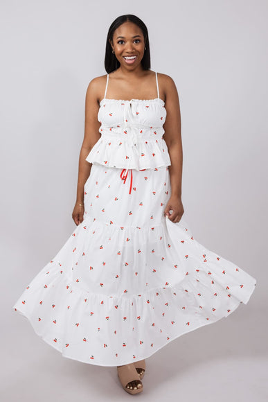 Cherry Embroidered Ruching Tie Front Cami Top for Women in White