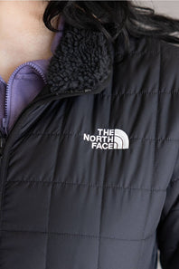 Close-up of a black puffer jacket with a white The North Face logo on the chest, featuring a dark gray sherpa collar and a purple inner lining.