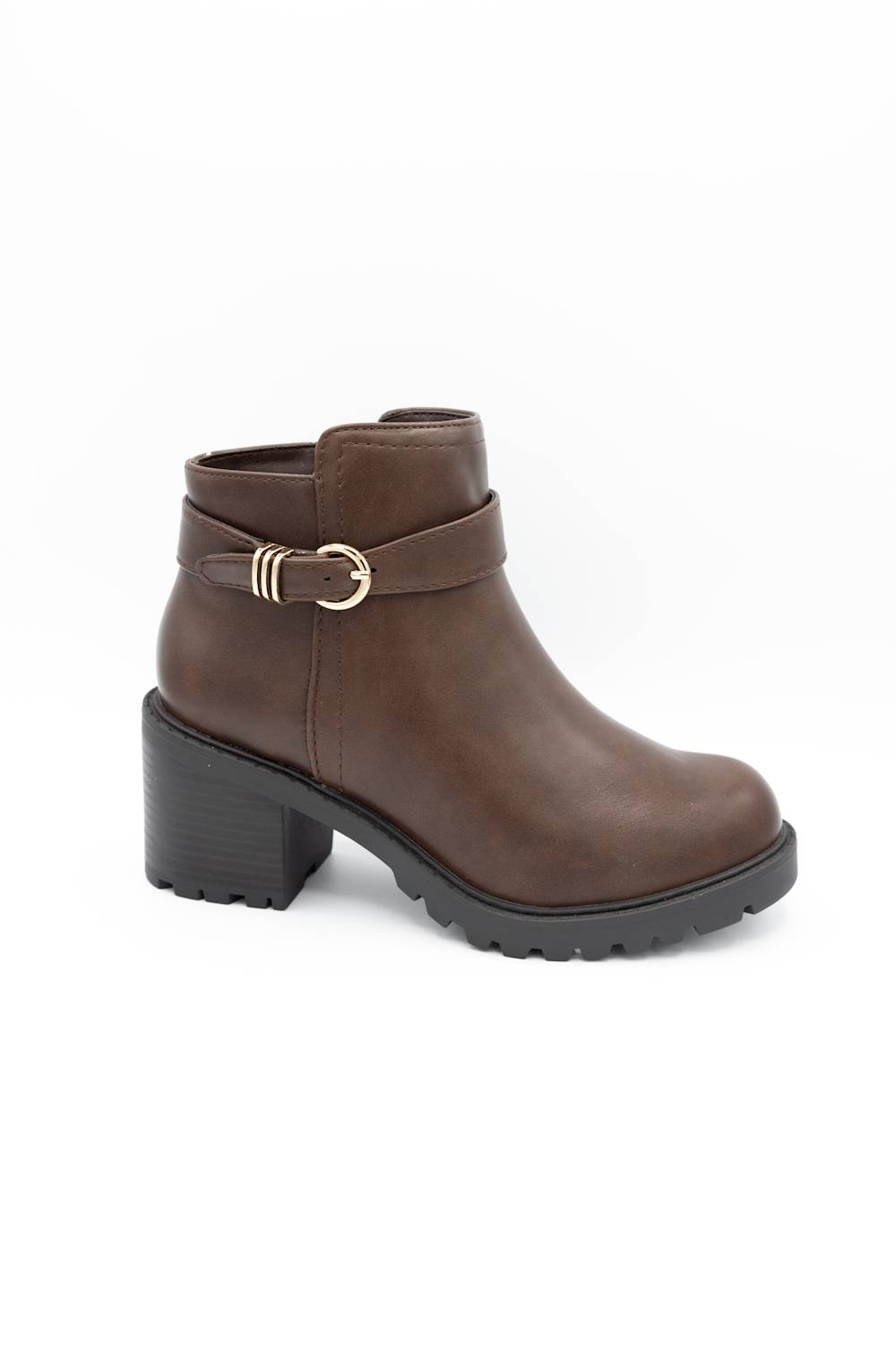 A brown faux-leather ankle boot with a chunky black block heel, a black treaded sole, and a decorative strap with a gold buckle on the side, shown against a plain white background.
