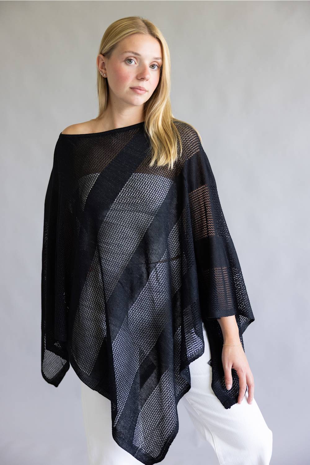 Open Knit Poncho for Women in Black