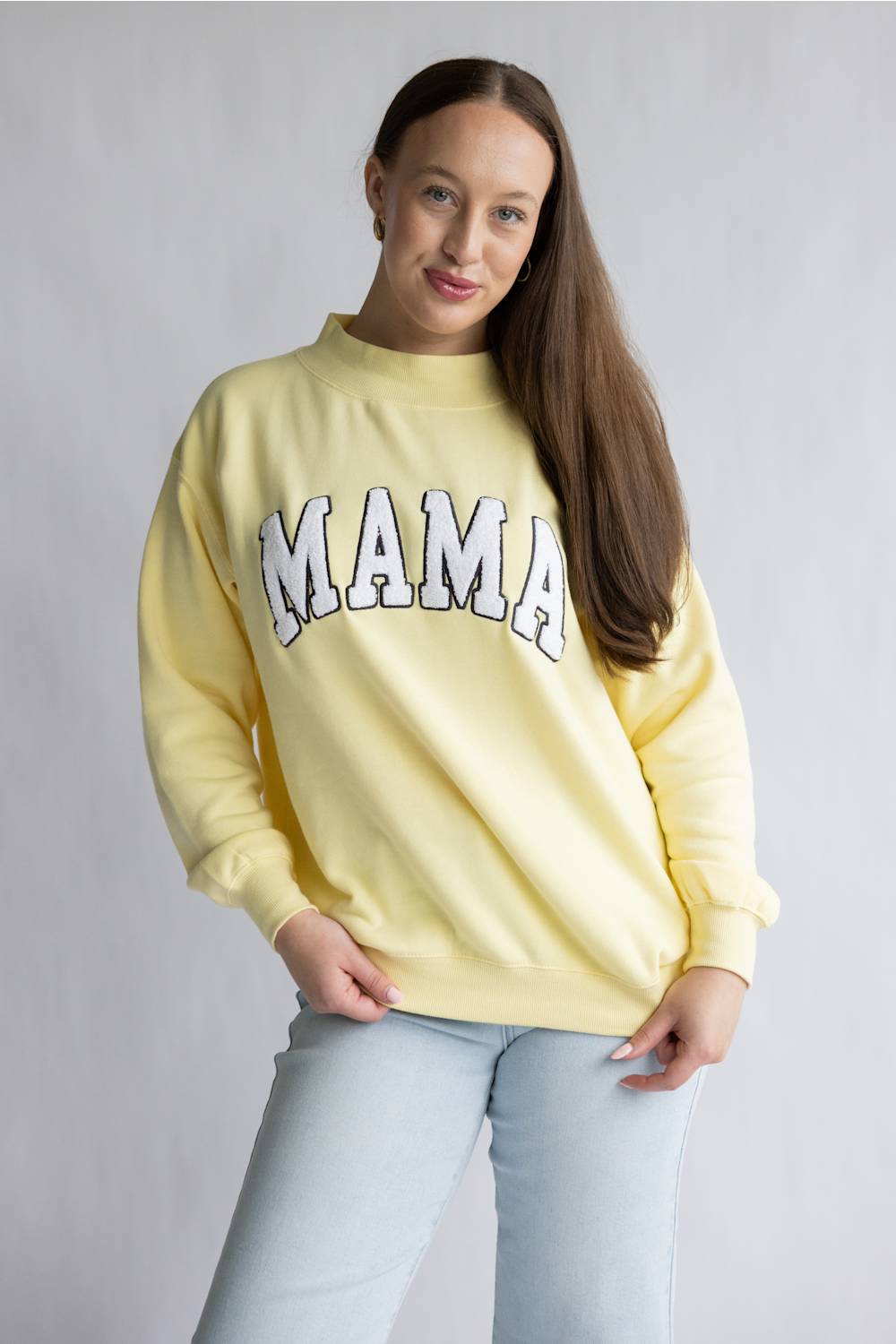 Oversized Mama Mock Neck Fleece Sweatshirt for Women in Light Yellow