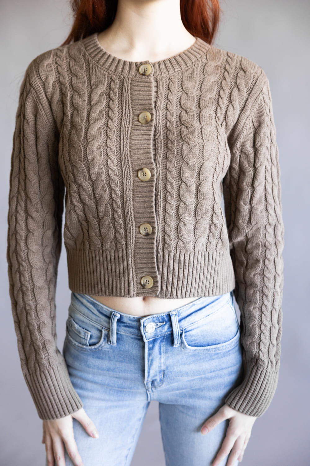 Button Front Cable Cardigan for Women in Portabella