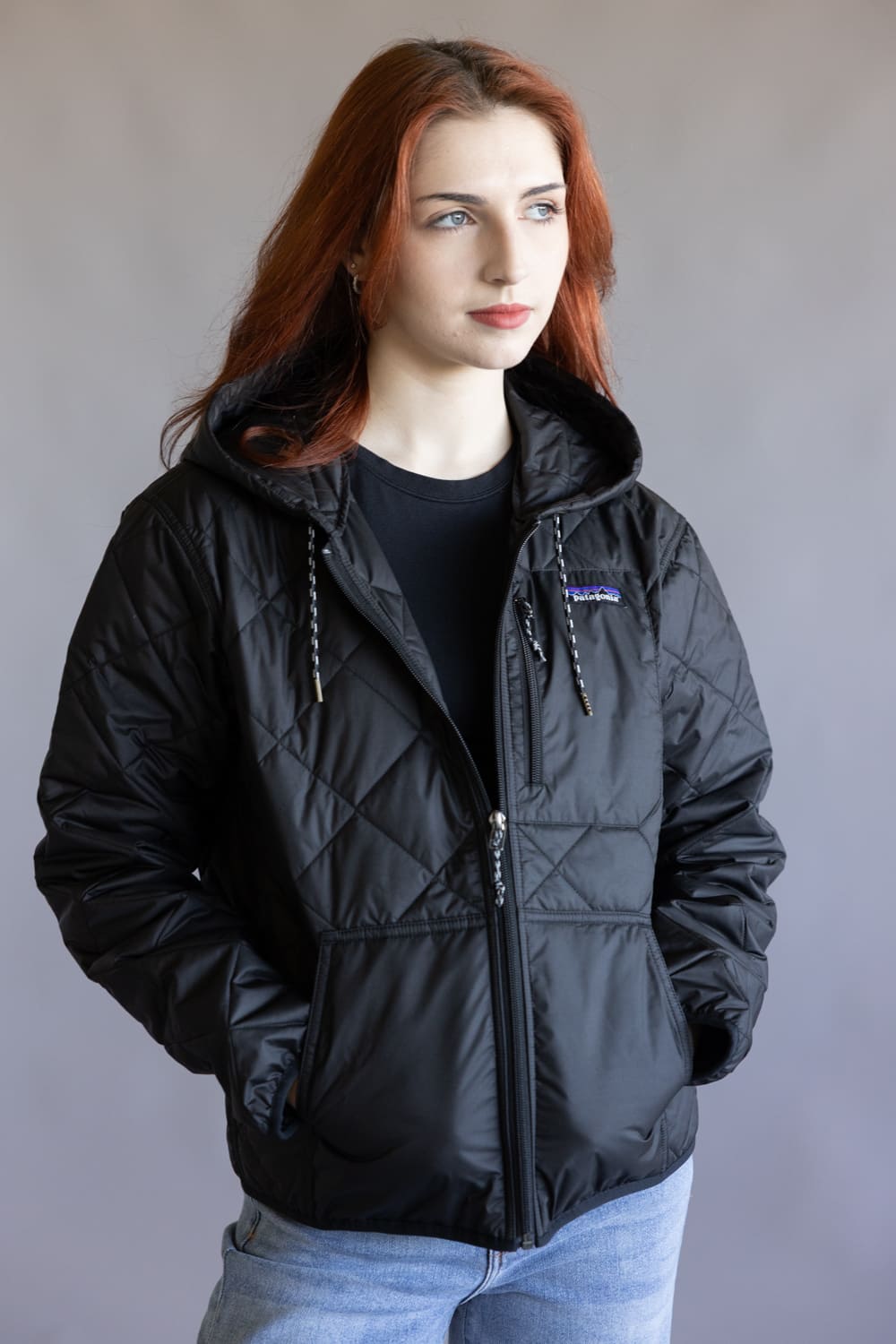 Patagonia Women’s Diamond Quilted Bomber Hoodie Jacket in Black