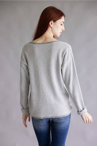 Pinstriped Long Sleeve Sweater for Women in Heather Grey