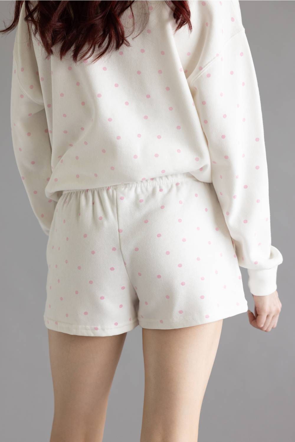 Polka Dot Fleece Shorts for Women in Ivory/Pink