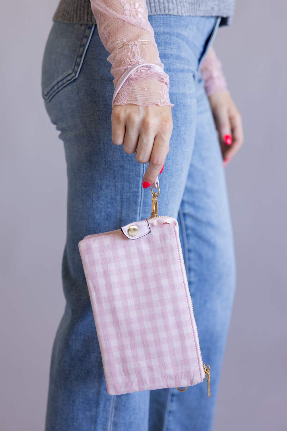 Gingham Crossbody Wristlet for Women in Pink