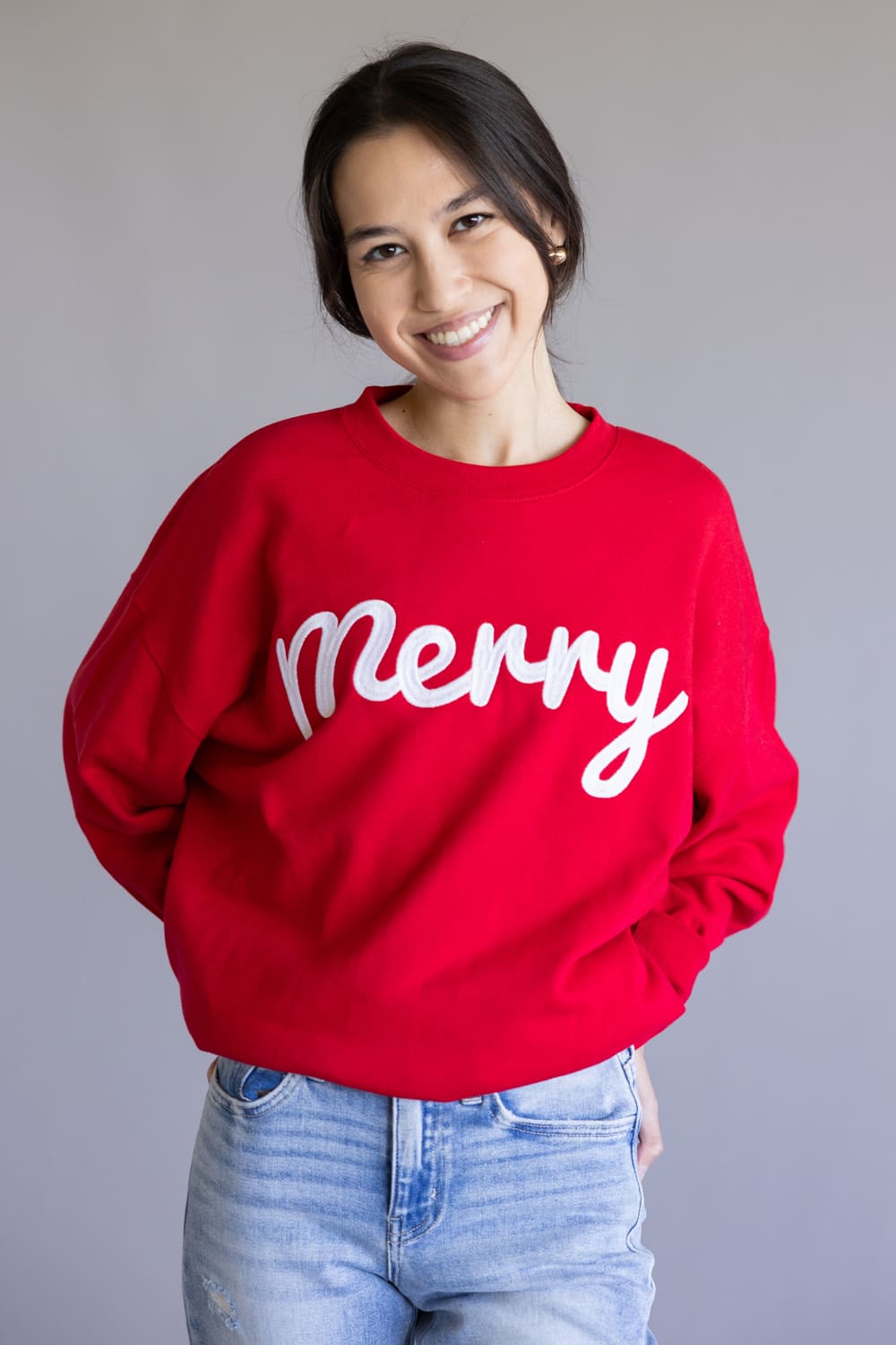 1897 Active Merry Patch Embroidered Fleece Sweatshirt for Women in Red