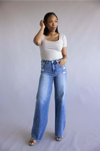 Risen Mid Rise Tummy Control Wide Leg Jeans for Women