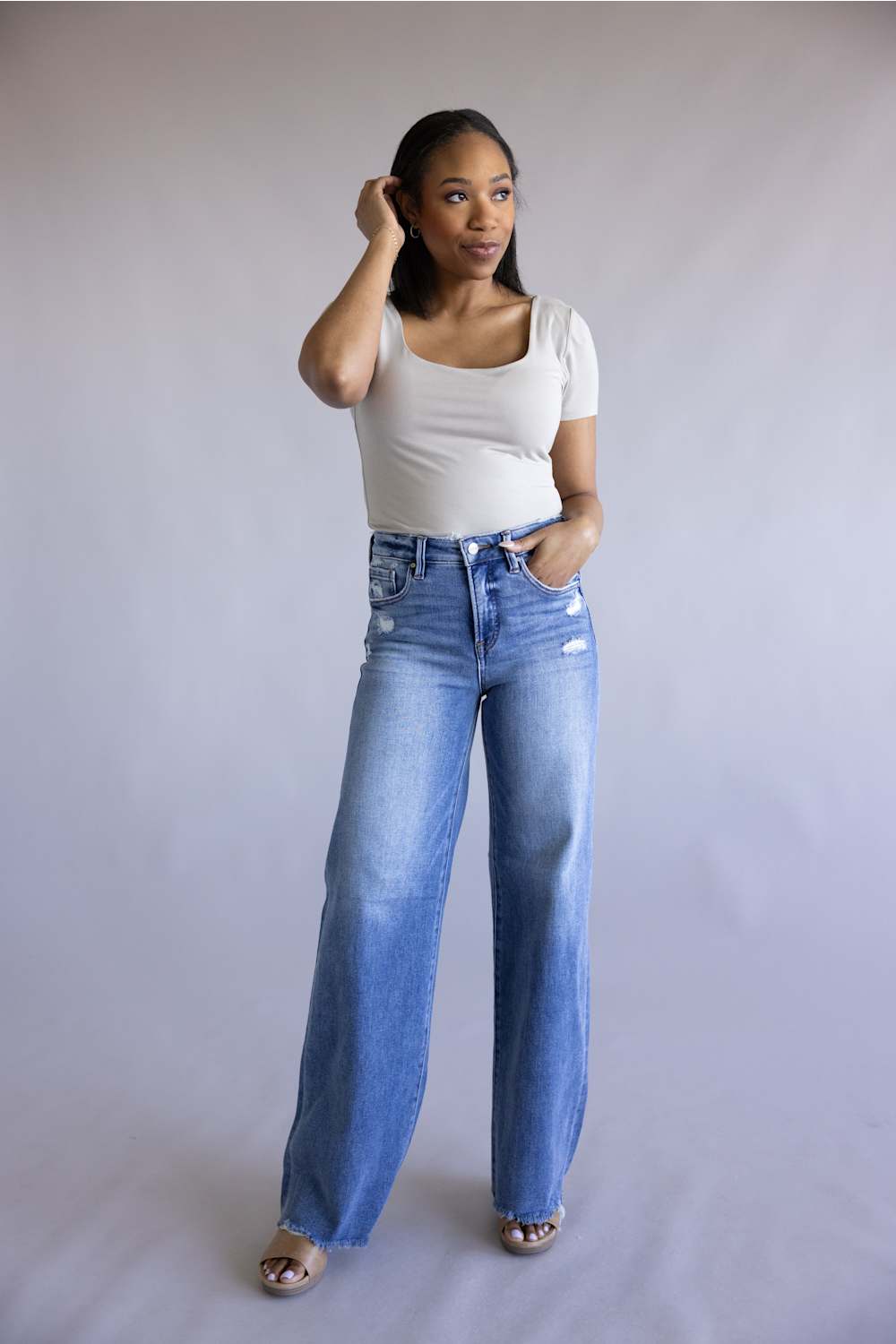 Risen Mid Rise Tummy Control Wide Leg Jeans for Women
