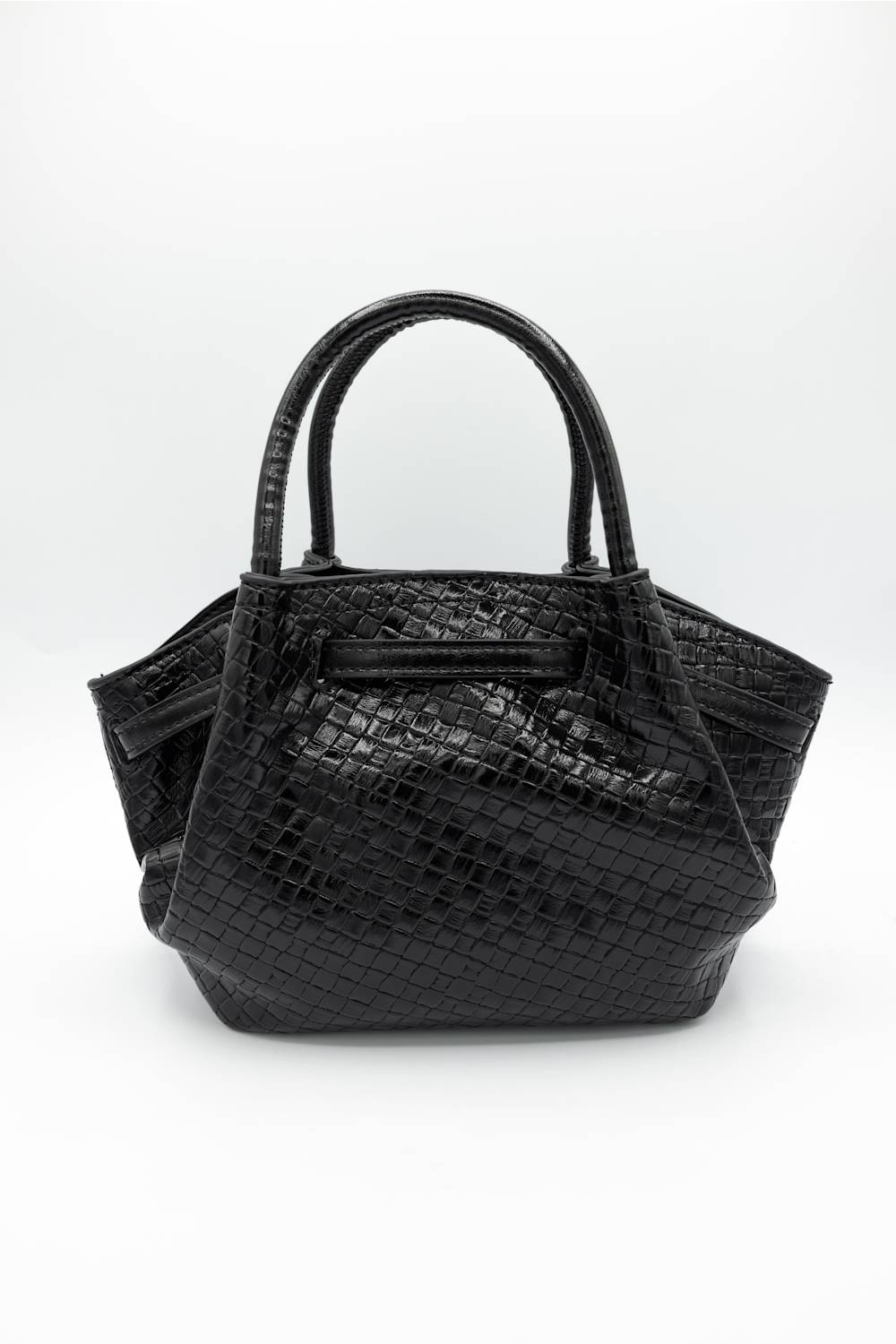 A black crocodile-embossed leather handbag with dual top handles, photographed against a seamless white studio background.