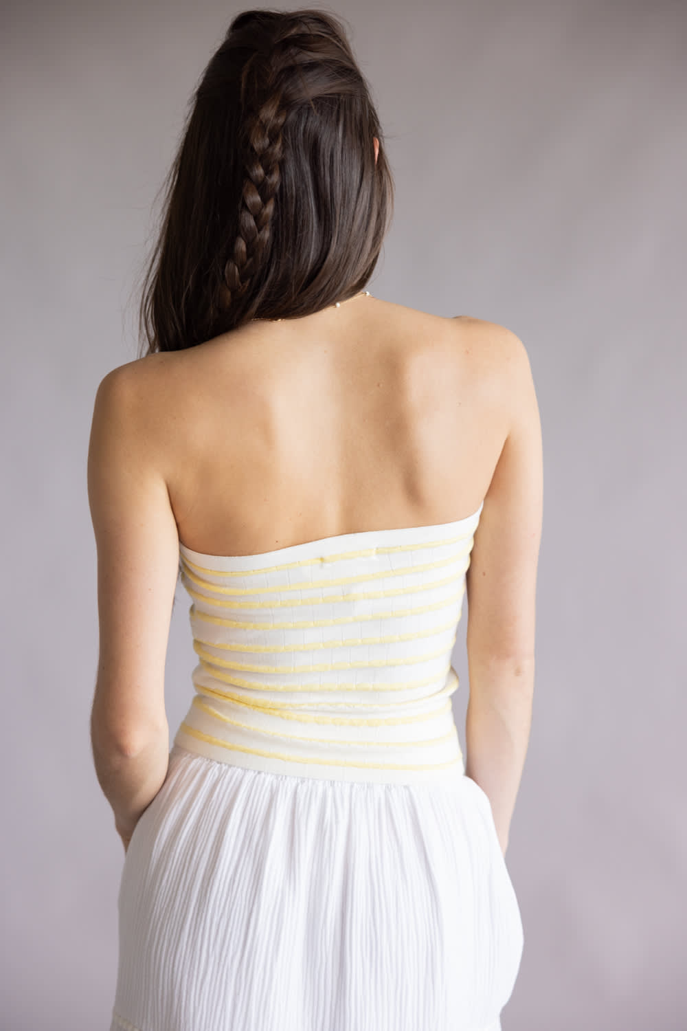 Stripe Twist Front Tube Top for Women in Yellow/White