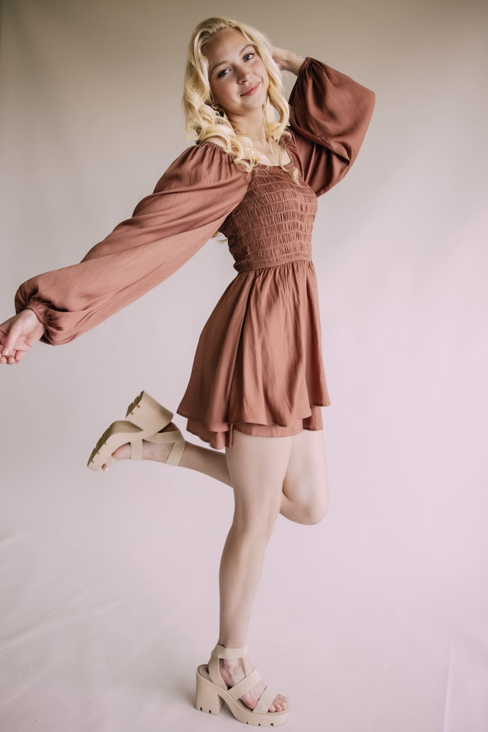 Smocked Bodice Layered Romper for Women in Hazelnut