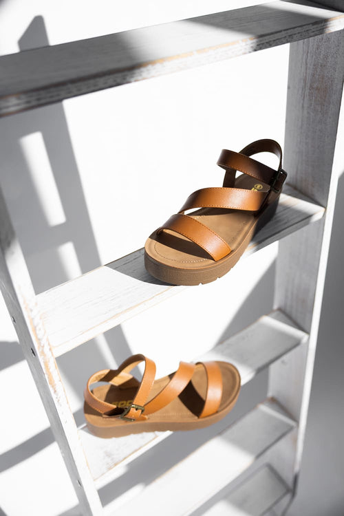 Soda Edoly Asymmetrical Platform Sandals for Women in Cognac