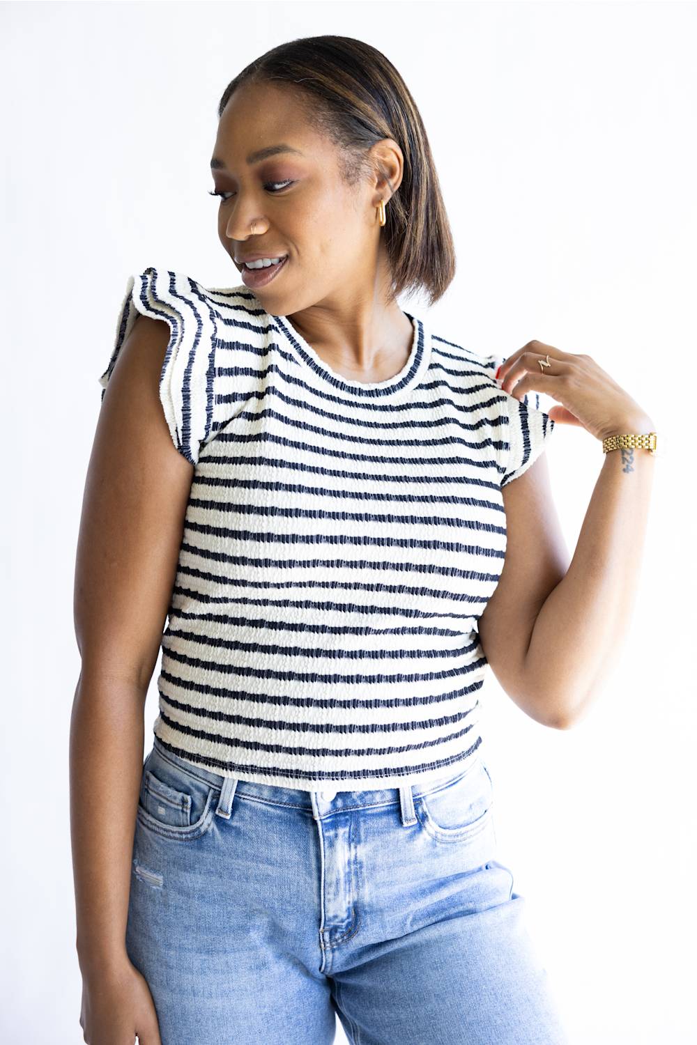 Stripe Flutter Sleeve Top for Women in Cream/Navy