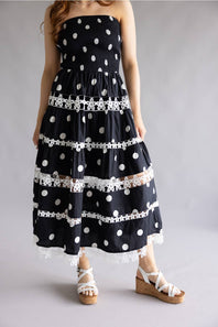 Strut & Bolt Polka Dot Eyelet Lace Strapless Midi Dress for Women in Black