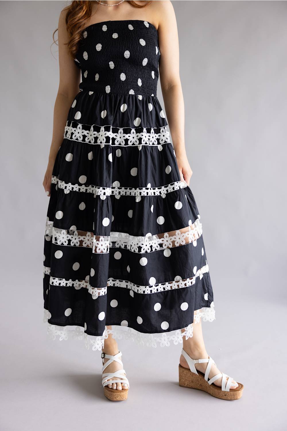 strapless midi dress pattern Strut & Bolt Polka Dot Eyelet Lace Strapless Midi Dress for Women in B –  Glik's