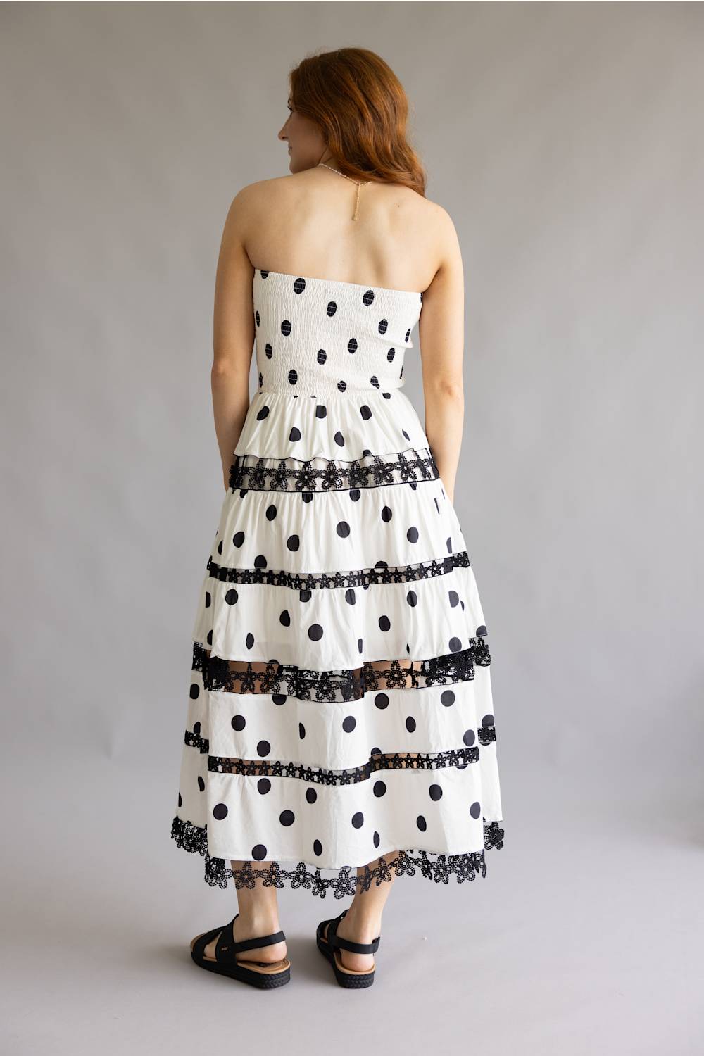 Strut & Bolt Polka Dot Eyelet Lace Strapless Midi Dress for Women in White