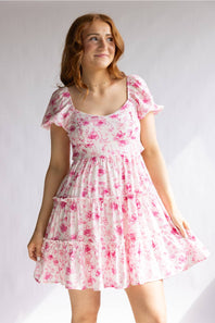 Tiered Floral Back Tie Dress for Women in Pink