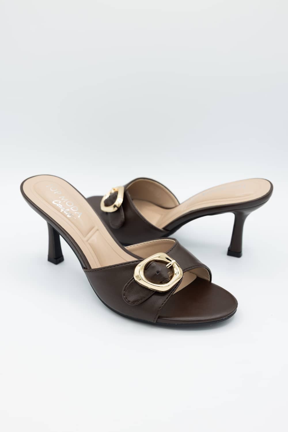 Top Moda Elsa Buckle Kitten Heels for Women in Brown