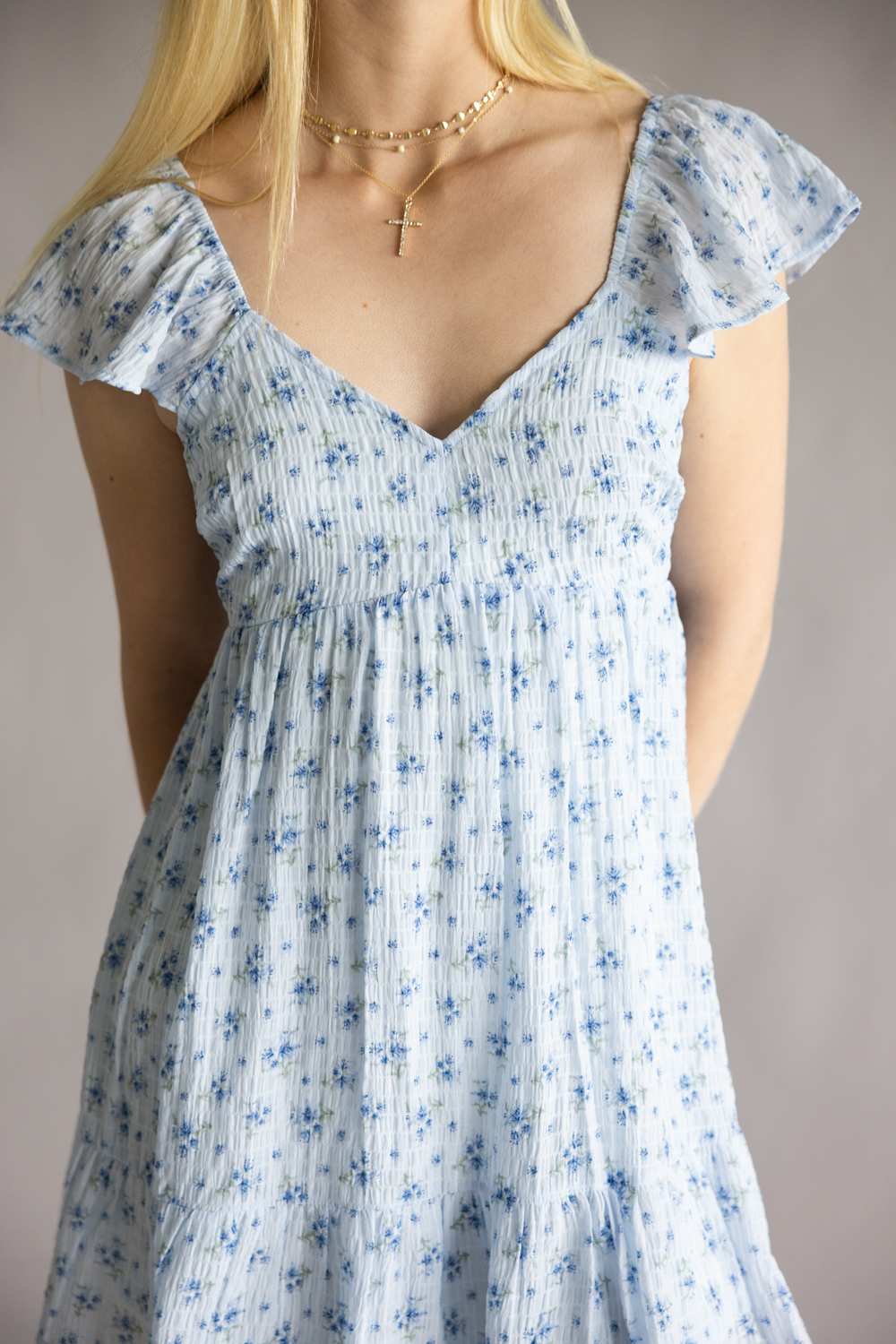 Floral Flutter Sleeve Dress for Women in Sky Blue