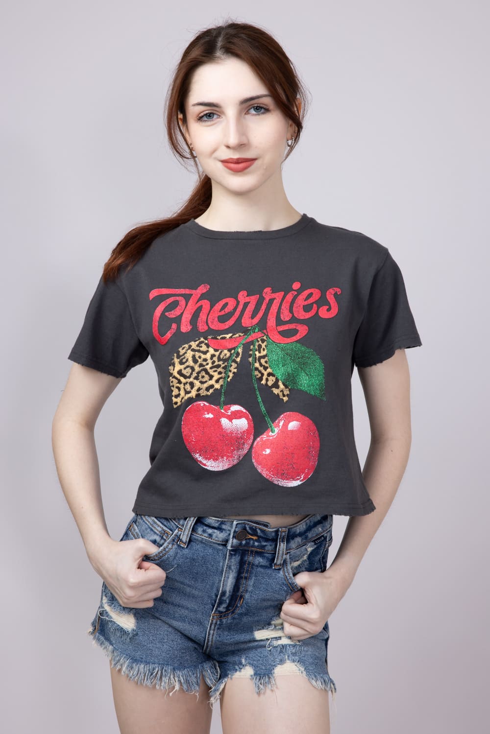 Cherries Leopard Graphic T-Shirt for Women in Grey Black