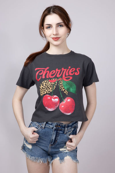 Cherries Leopard Graphic T-Shirt for Women in Grey Black | K9377