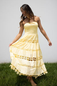 Eyelet Lace Strapless Midi Dress for Women in Yellow