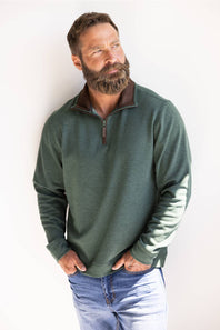Buttery soft, zipneck pullover with brown zipper and collar accents 
