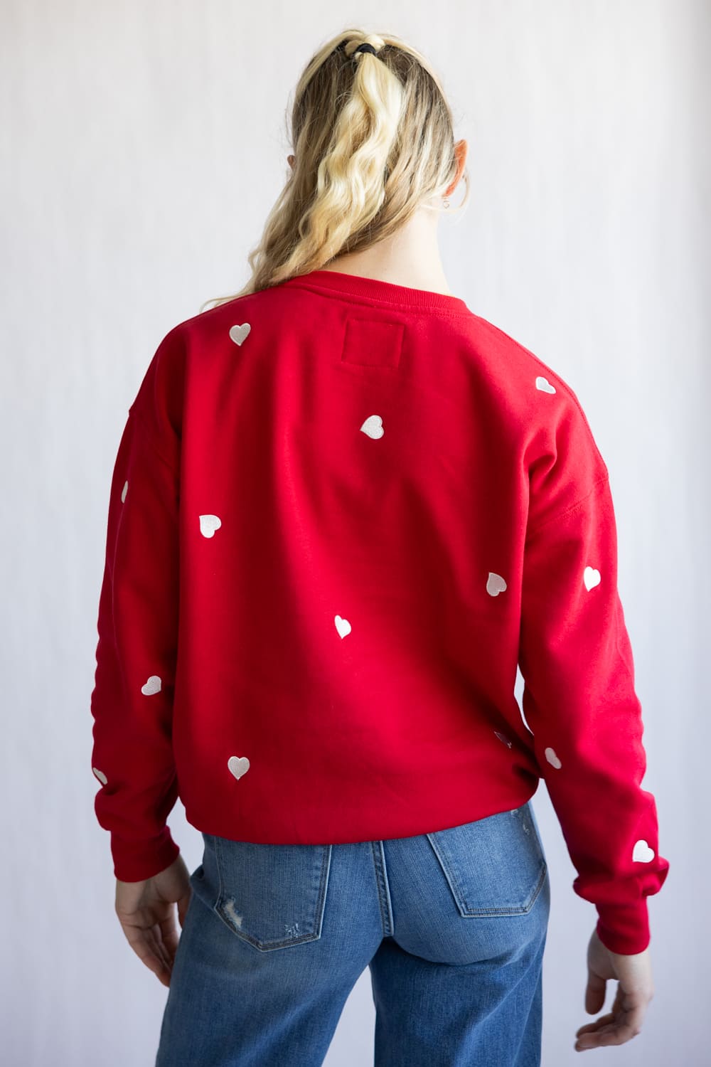 1897 Active Embroidered Hearts Fleece Sweatshirt for Women in Red
