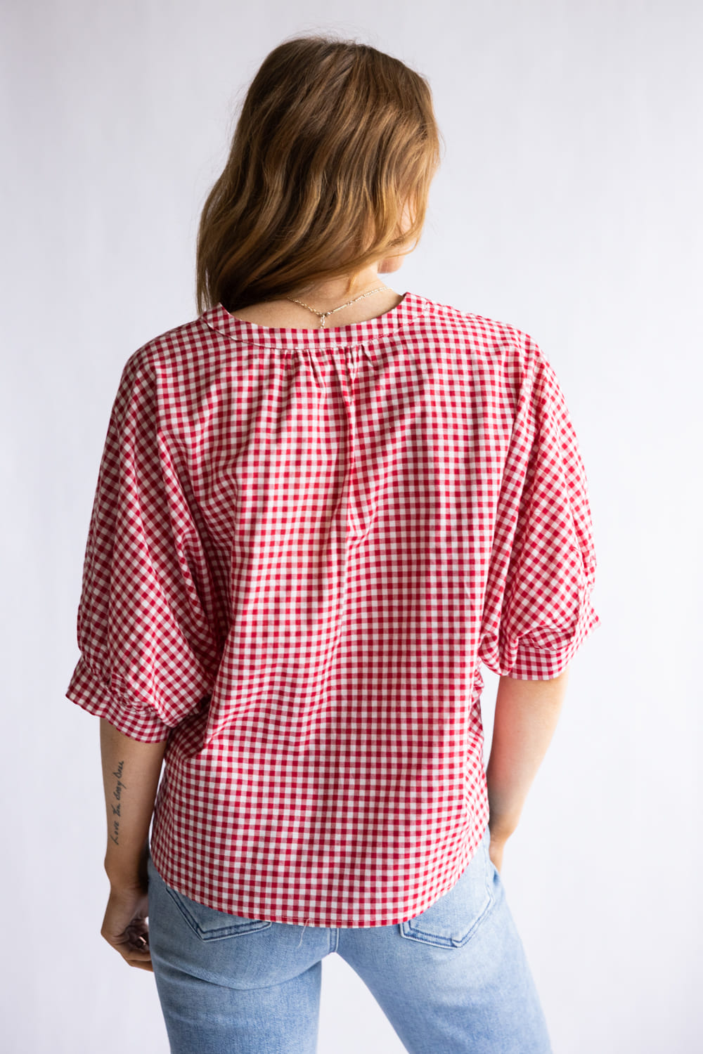 Gingham Split Neck Button Front Top for Women in Red