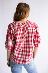 Gingham Split Neck Button Front Top for Women in Red