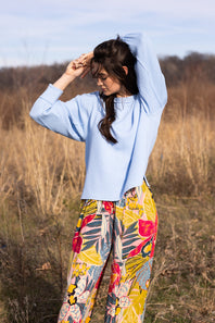 Blu Pepper Crewneck Ribbed Knit Shirt for Women in Light Blue