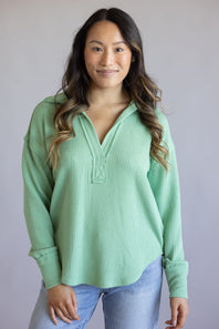 Blu Pepper Ribbed Knit Johnny Collar Top for Women in Sage