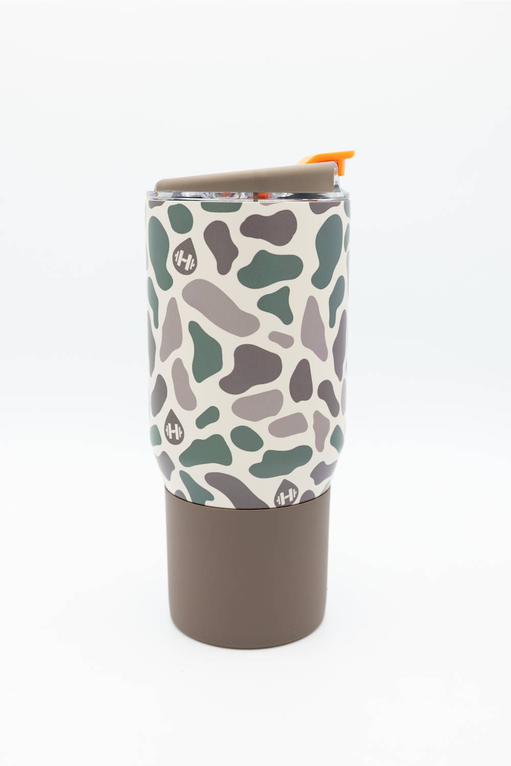 A travel tumbler with a brown base and lid, featuring a camouflage-patterned upper sleeve in shades of green, gray, and brown on a white background, with a small orange flip-top accent.