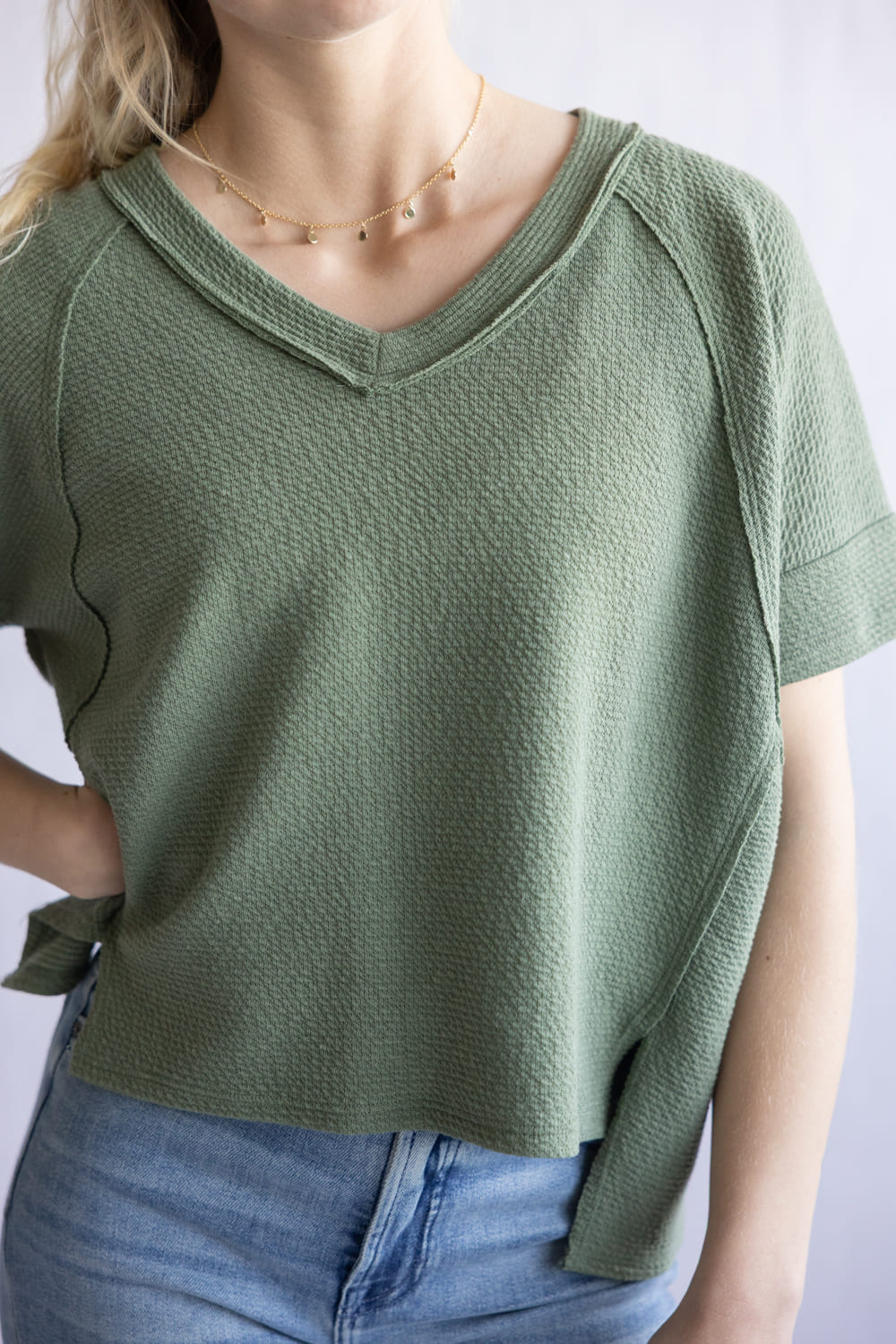 Textured V-Neck Seam Detailed Top for Women in Olive | 14400-OLV