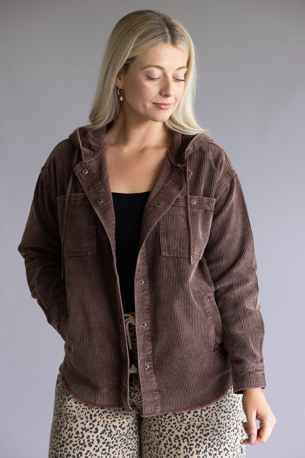 Corduroy Hooded Shacket for Women in Brown