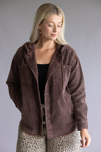 Corduroy Hooded Shacket for Women in Brown