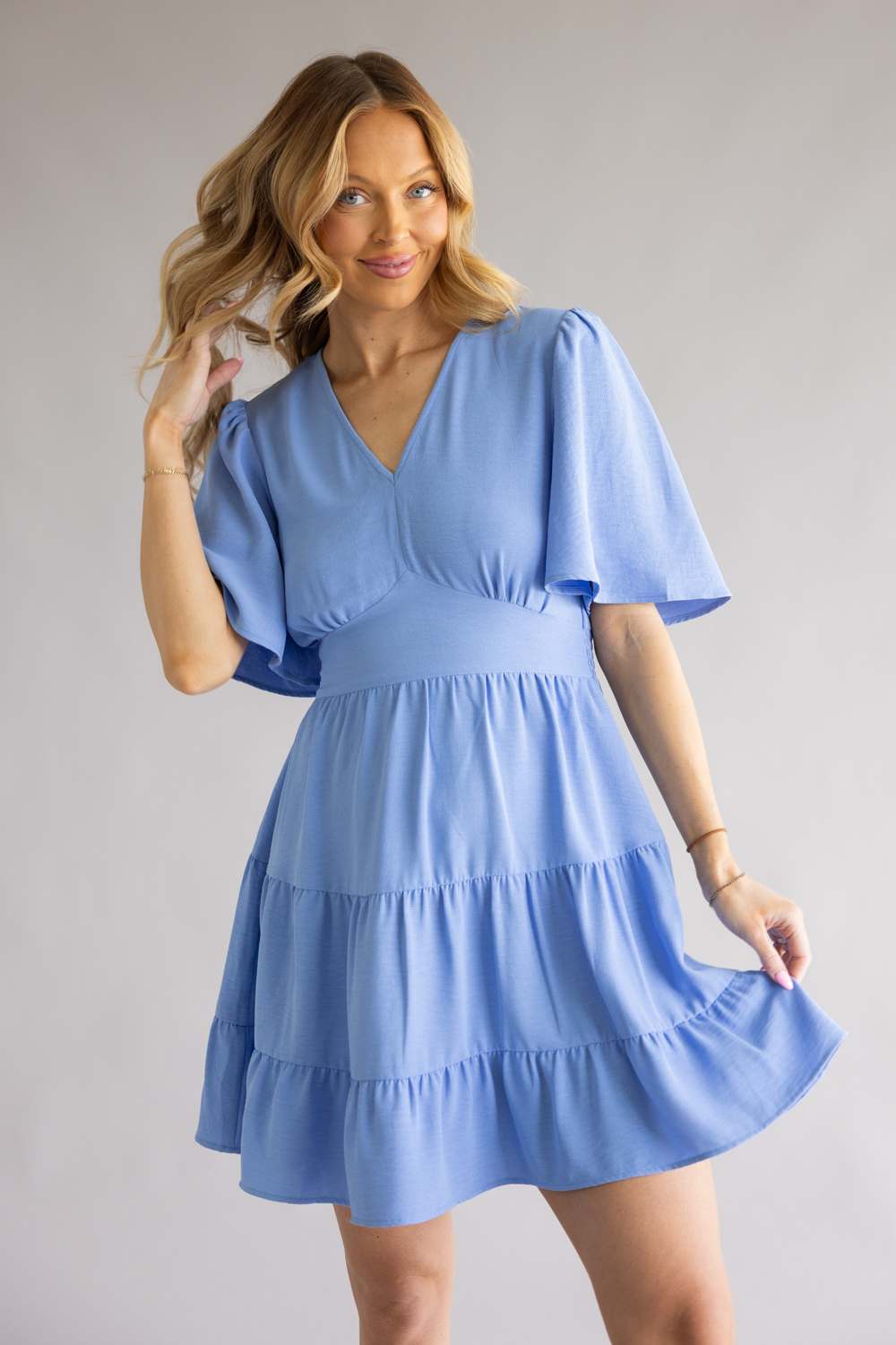 Tiered V-Neck Flyaway Dress for Women in Sky 