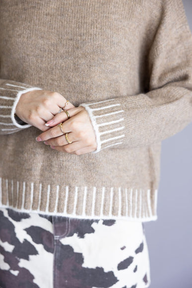 Elan Blanket Stitch Mock Neck Sweater for Women in Tan