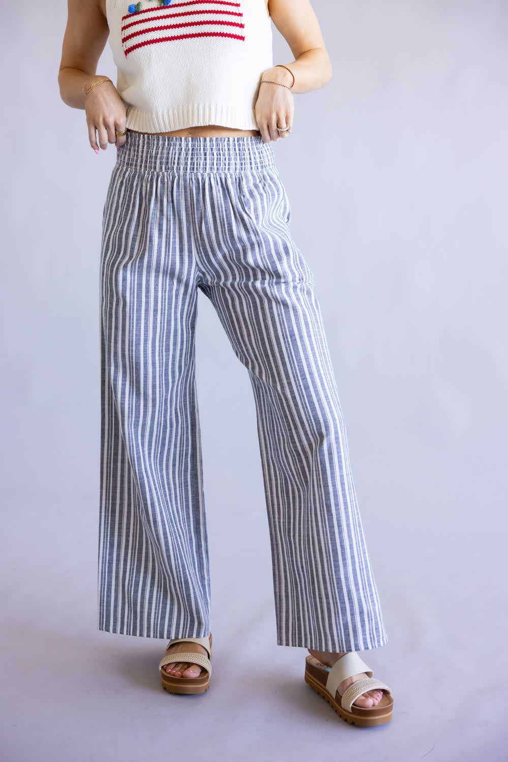  Smocked Waist Linen Wide Leg Pants for Women in Navy
