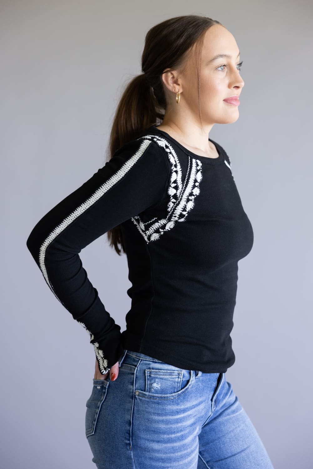 Free People Lost Love Long Sleeve Top for Women in Black